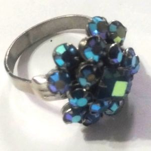 Gorgeous Vintage Blue Green  AB Aurora Borealis Adjustable Prong Cluster Ring